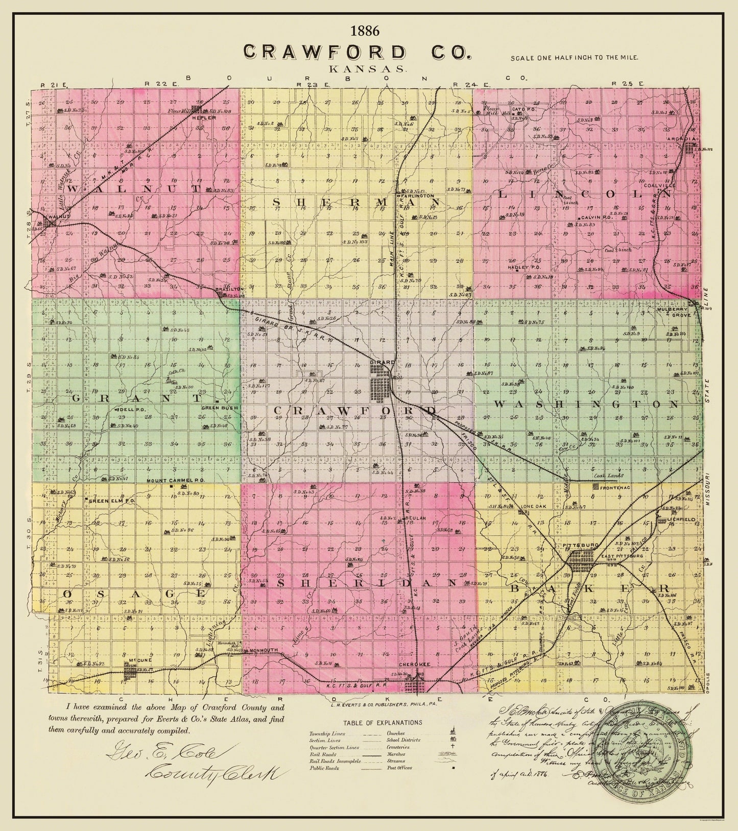 Historic County Map - Crawford County Kansas - Everts 1886 - 23 x 25.88 - Vintage Wall Art