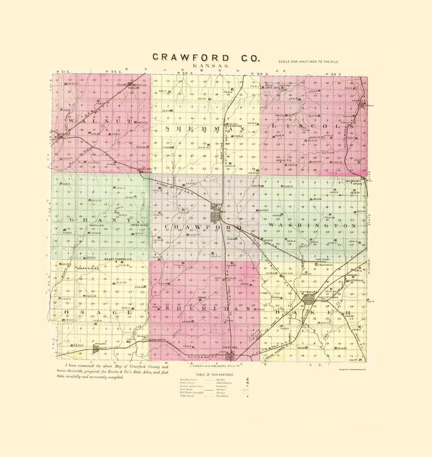 Historic County Map - Crawford County Kansas - Everts 1887 - 23 x 24.29 - Vintage Wall Art