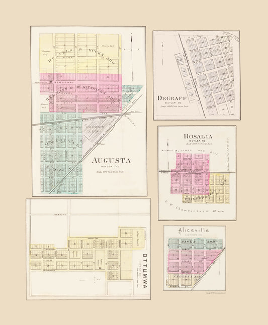 Historic City Map - Degraff Augusta Rosalia Aliceville Ottumwa Kansas - Everts 1887 - 23x27 - Vintage Wall Art