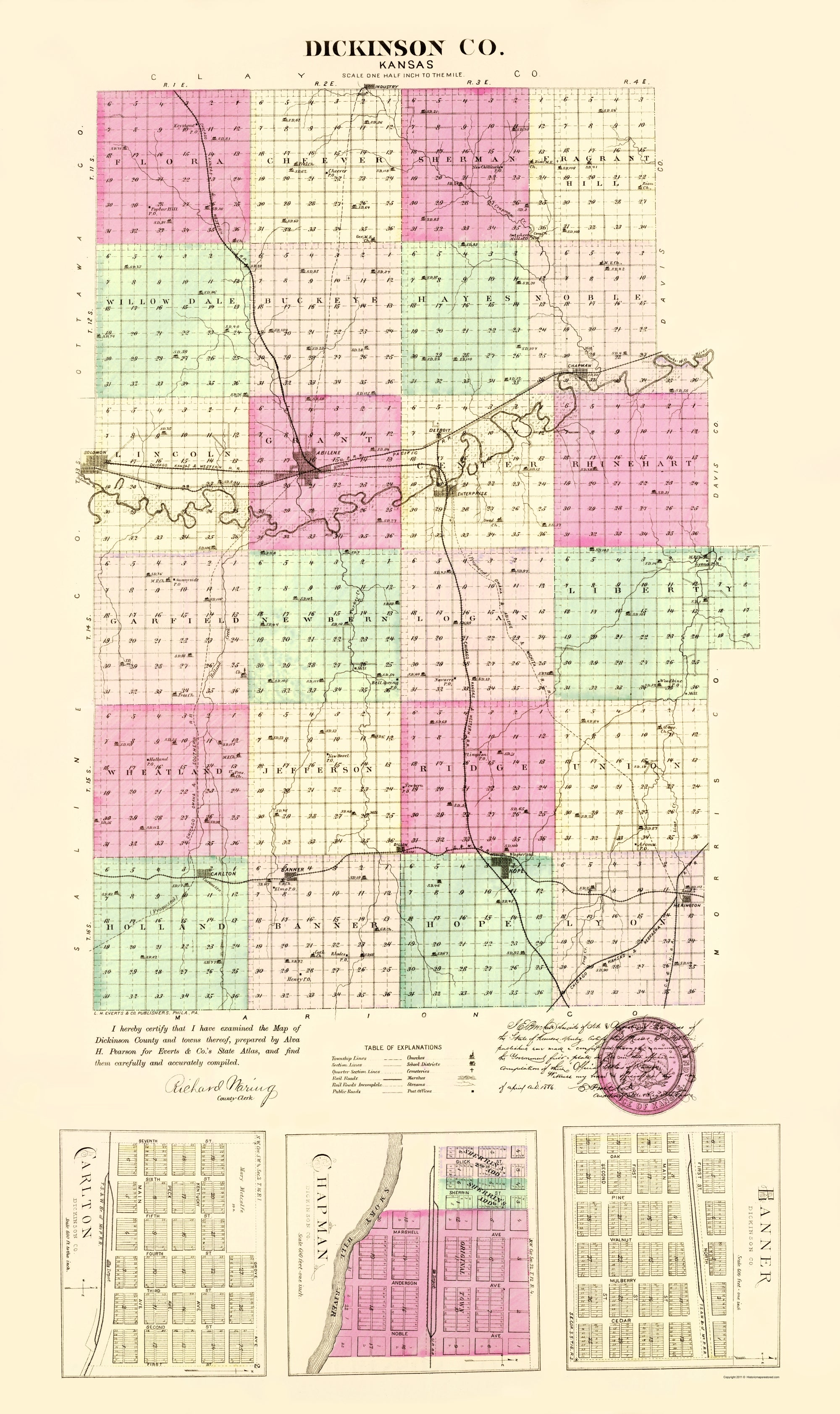 Historic County Map - Dickinson County Kansas - Everts 1887 - 23 x 38 ...