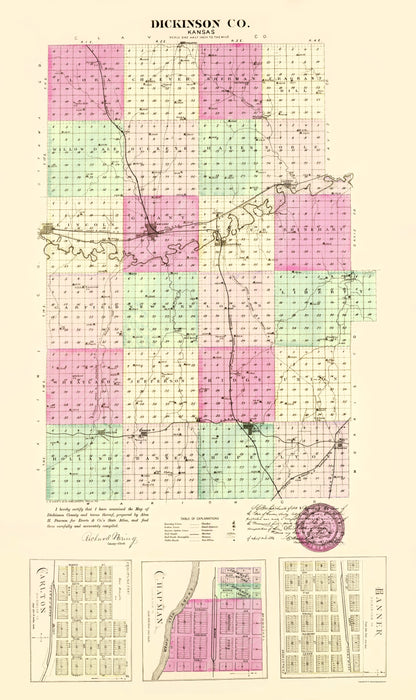 Historic County Map - Dickinson County Kansas - Everts 1887 - 23 x 38.70 - Vintage Wall Art