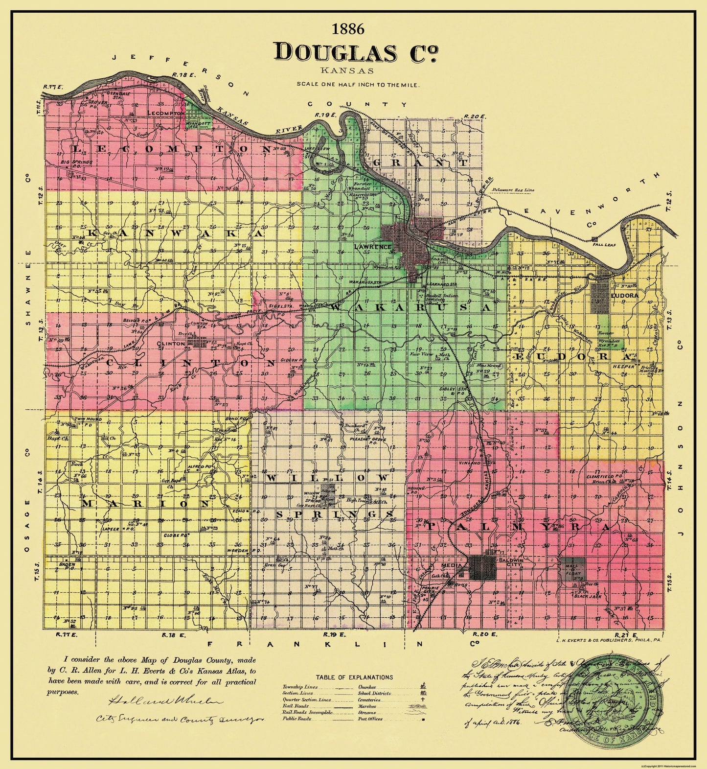 Historic County Map - Douglas County Kansas - Allen 1886 - 23 x 25 - Vintage Wall Art