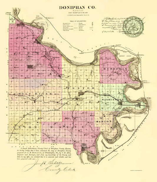 Historic County Map - Doniphan County Kansas - Everts 1887 - 23 x 26.67 - Vintage Wall Art