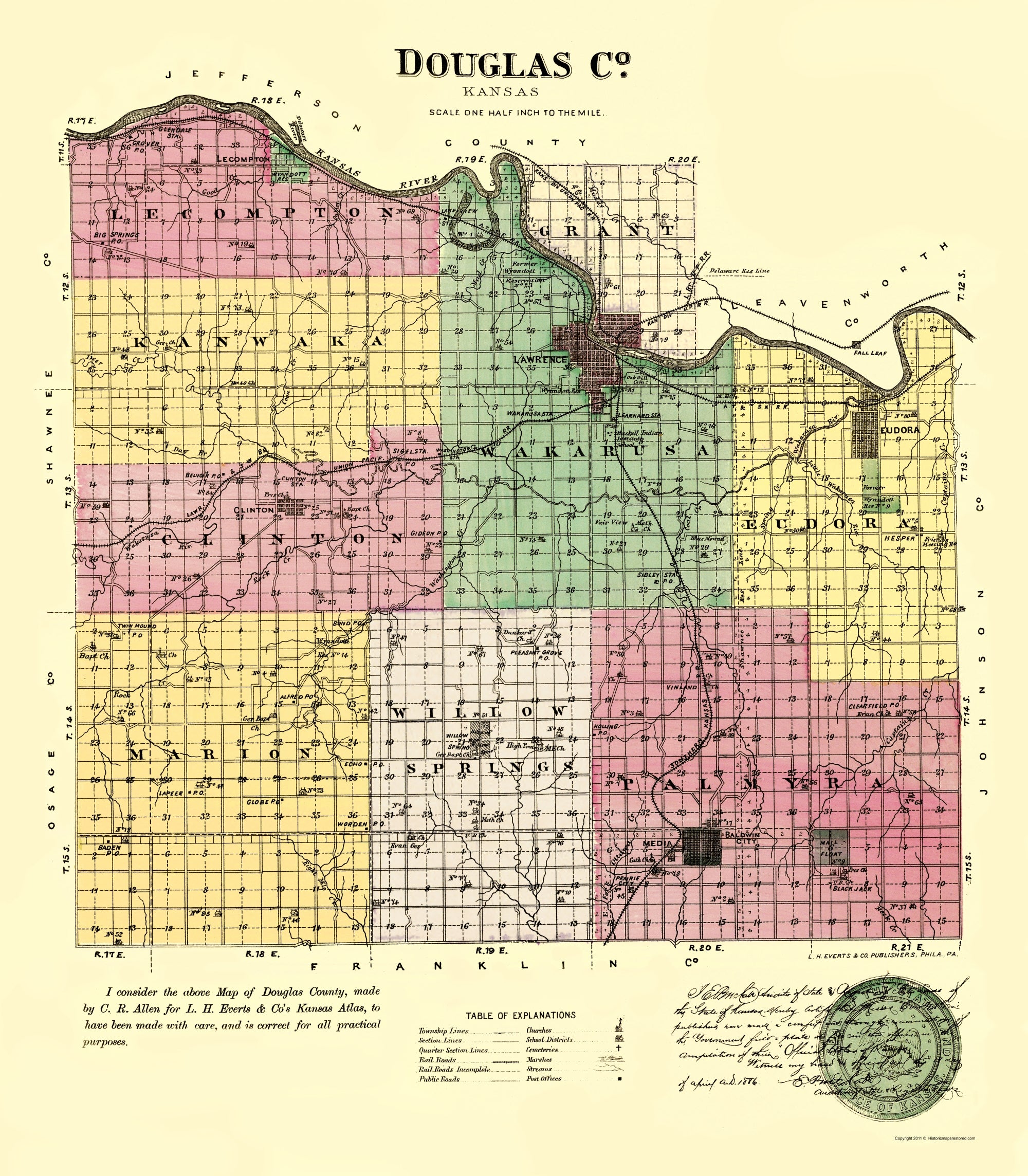 Historic County Map - Doniphan County Kansas - Everts 1887 - 23 x 26.3 ...