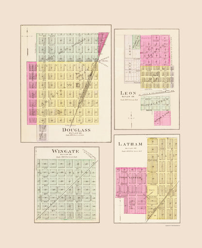 Historic City Map - Douglass Leon Latham Wingate Kansas - Everts 1887 - 23 x 28.13 - Vintage Wall Art