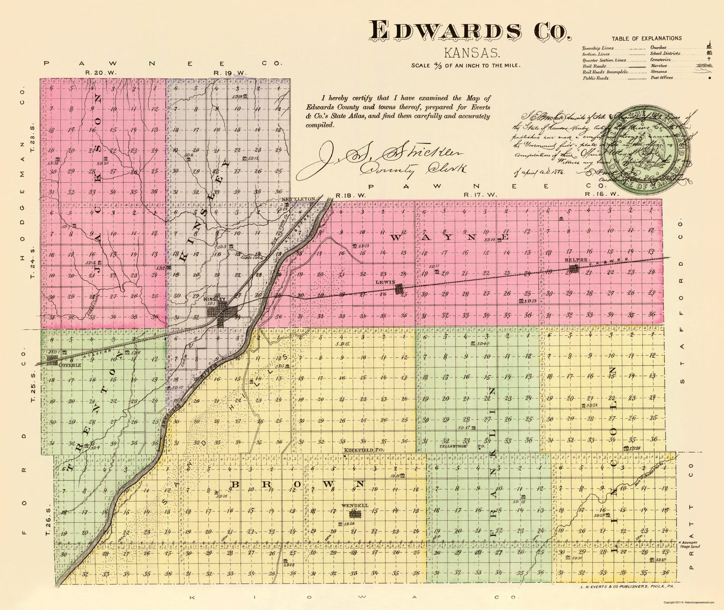 Historic County Map - Edwards County Kansas - Everts 1887 - 23 x 27.28 - Vintage Wall Art