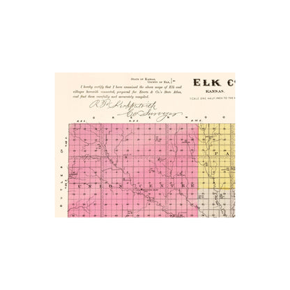 Historic County Map - Elk County Kansas - Everts 1887 - Vintage Wall Art