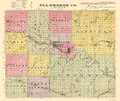 Historic County Map - Ellsworth County Kansas - Everts 1887 - 23 x 27.21 - Vintage Wall Art