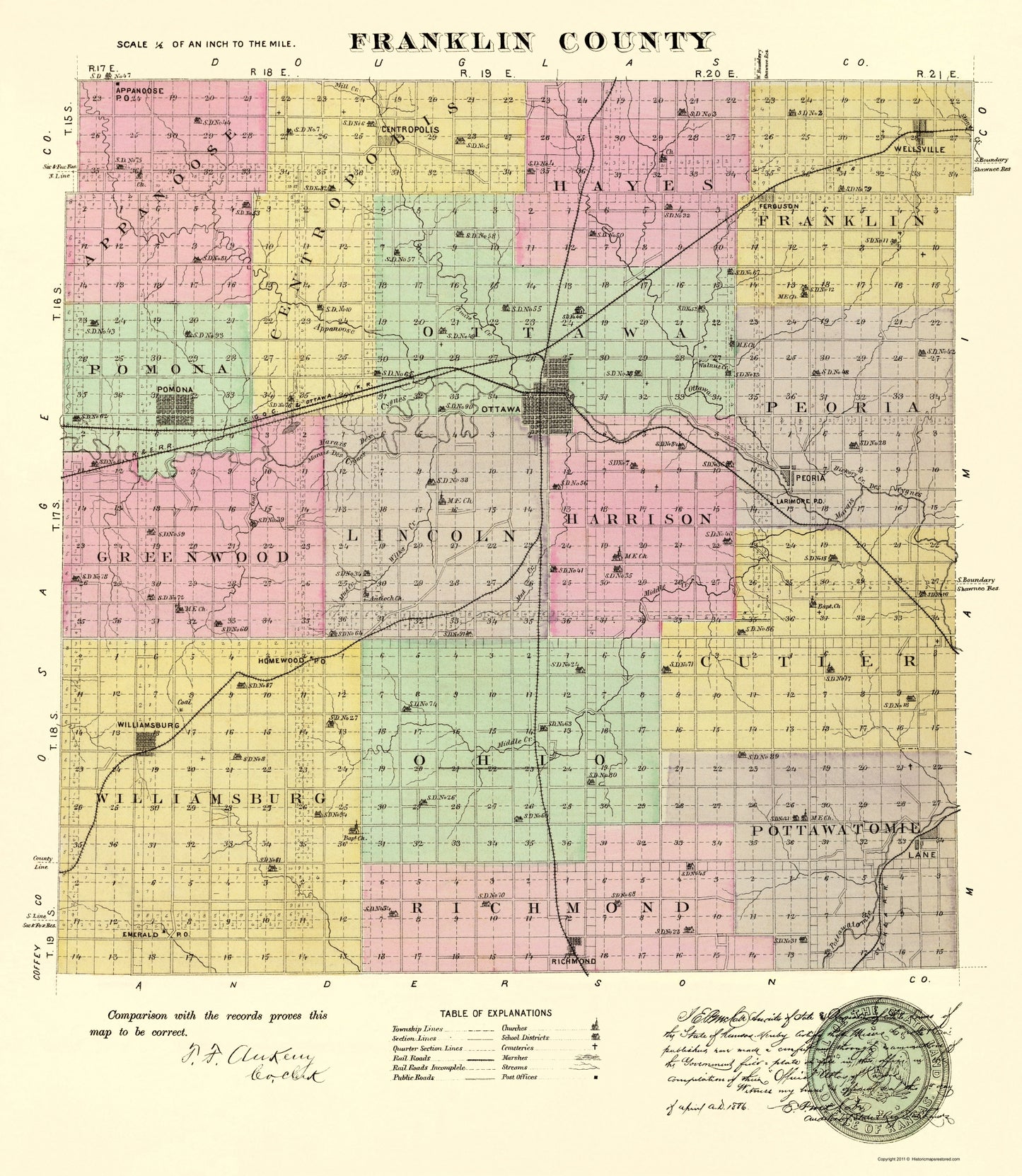 Historic County Map - Franklin County Kansas - Everts 1887 - 23 x 26.46 - Vintage Wall Art