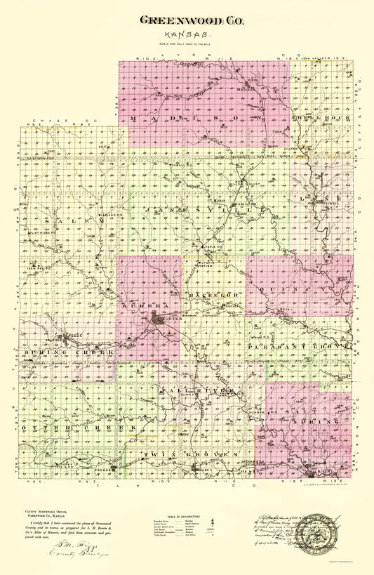 Historic County Map - Greenwood County Kansas - Everts 1887 - 23 x 35.33 - Vintage Wall Art