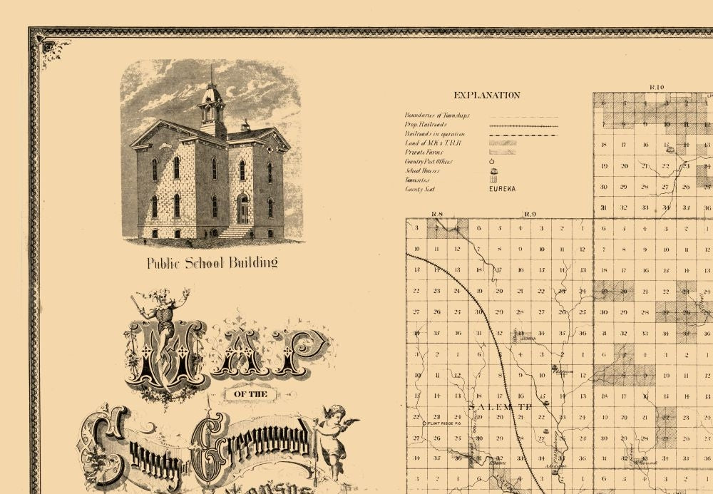 Historic County Map - Greenwood County Kansas - Hoenscheidt 1877 - 33.20 x 23 - Vintage Wall Art