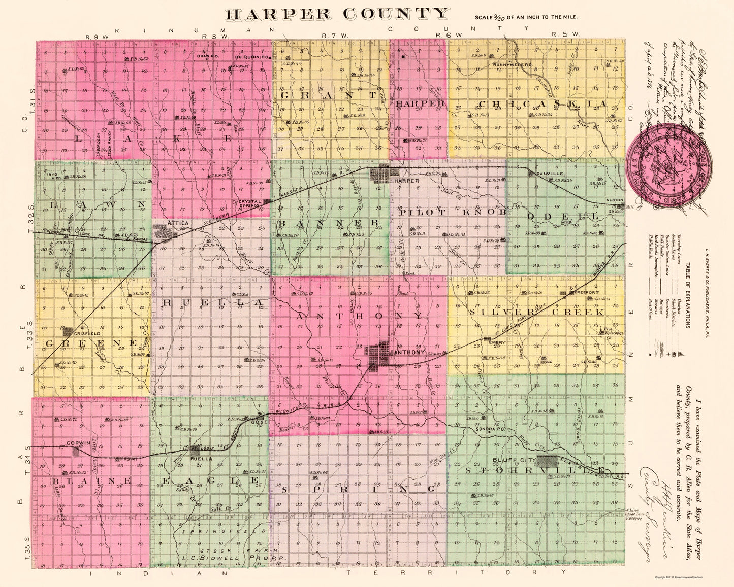 Historic County Map - Harper County Kansas - Everts 1887 - 23 x 28.71 - Vintage Wall Art