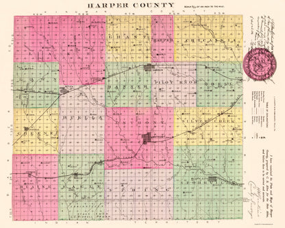 Historic County Map - Harper County Kansas - Everts 1887 - 23 x 28.71 - Vintage Wall Art