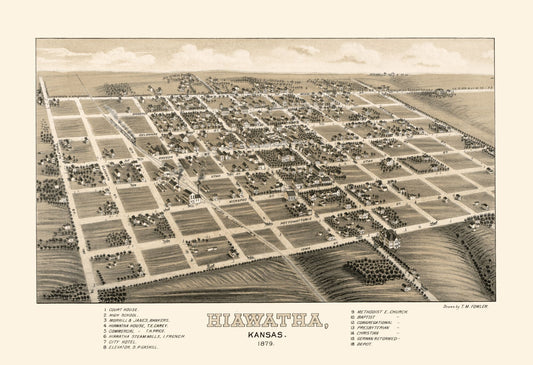 Historic Panoramic View - Hiawatha Kansas - Fowler 1879 - 33.58 x 23 - Vintage Wall Art