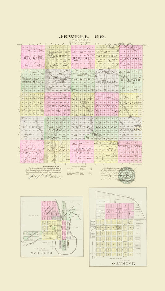 Historic County Map - Jewell County Kansas - Everts 1887 - 23 x 40.66 - Vintage Wall Art