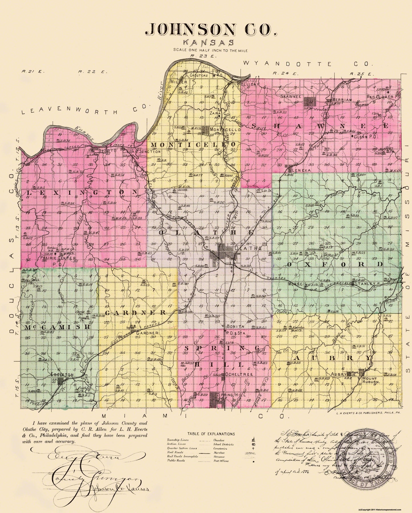 Historic County Map - Johnson County Kansas - Everts 1887 - 23 x 28.63 - Vintage Wall Art