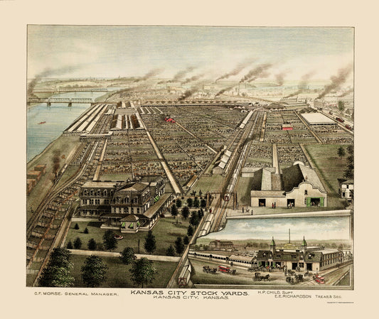 Historic Panoramic View - Kansas City Kansas Stockyards - Child 1870 - 23 x 27.29 - Vintage Wall Art