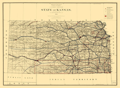 Historic State Map - Kansas - Strum 1884 - 31.43 x 23 - Vintage Wall Art