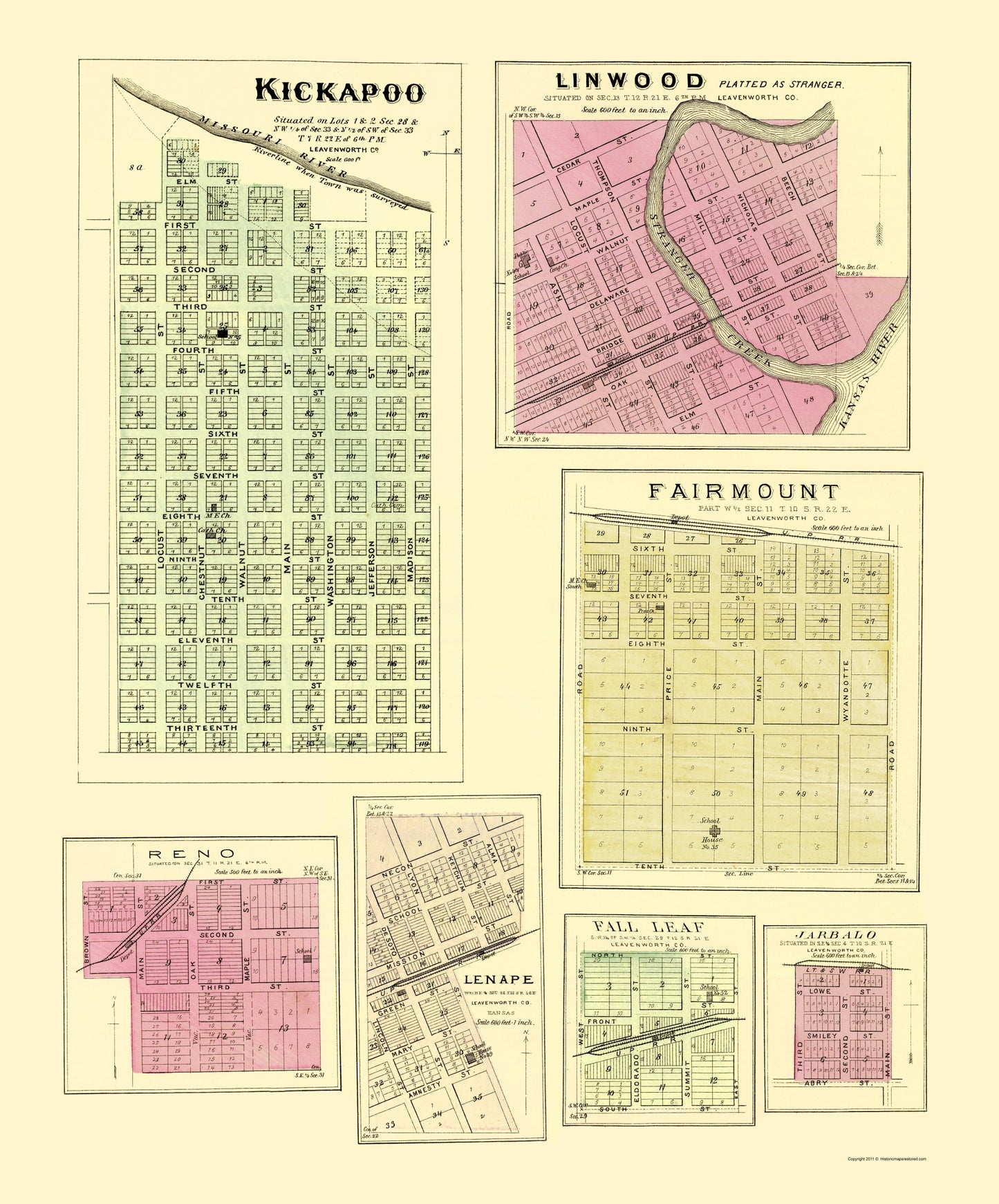 Historic City Map - Kickapoo Linwood Fairmount Kansas - Everts 1887 - 23 x 27.71 - Vintage Wall Art