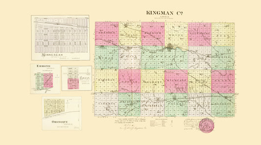 Historic County Map - Kingman County Kansas - Everts 1887 - 23 x 41.22 - Vintage Wall Art