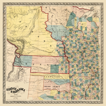 Historic State Map - Kansas Nebraska - Gaston 1856 - 23 x 23.03 - Vintage Wall Art