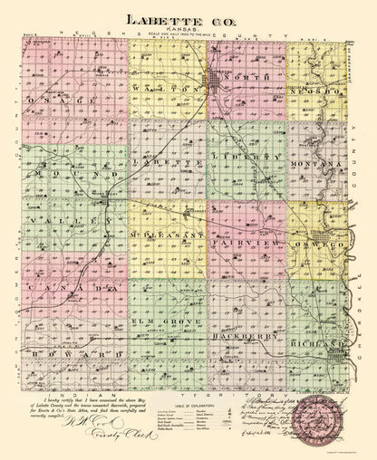 Historic County Map - Labette County Kansas - Everts 1887 - 23 x 28.11 - Vintage Wall Art