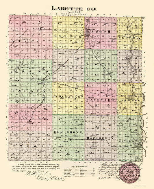 Historic County Map - Labette County Kansas - Everts 1887 - 23 x 28.11 - Vintage Wall Art