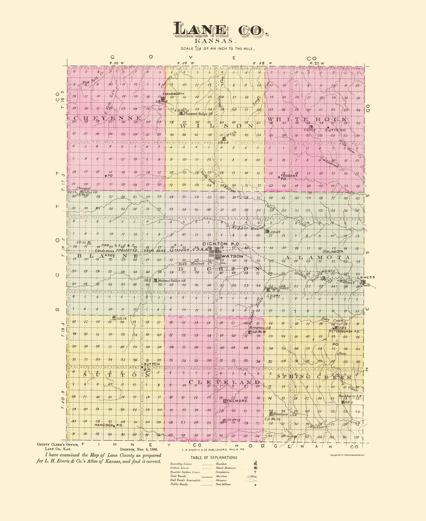 Historic County Map - Lane County Kansas - Everts 1887 - 23 x 28.11 - Vintage Wall Art