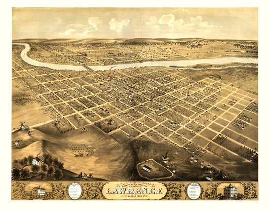 Historic Panoramic View - Lawrence Kansas - Ruger 1869 - 29.48 x 23 - Vintage Wall Art