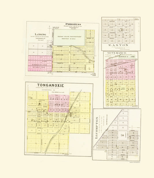 Historic City Map - Lecompton Lansing Progress Easton Tonganoxie Kansas - Everts 1887 - 23x26 - Vintage Wall Art