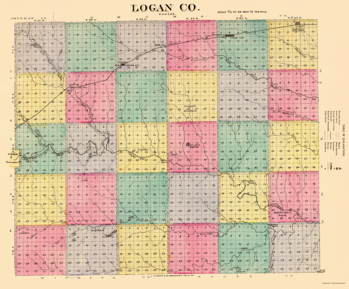 Historic County Map - Logan County Kansas - Everts 1887 - 23 x 27.72 - Vintage Wall Art