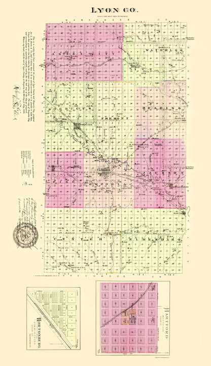 Historic County Map - Lyon County Kansas - Everts 1887 - 23 x 39.85 - Vintage Wall Art