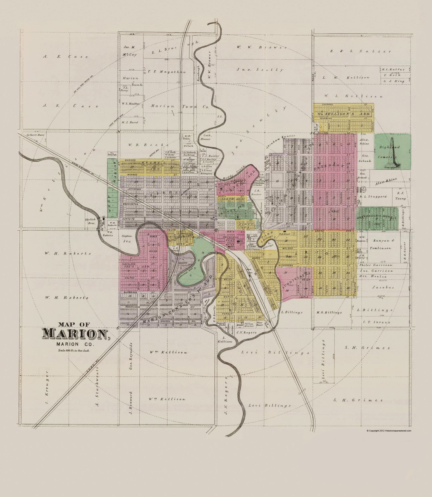 Historic City Map - Marion Kansas -Everts 1887 - 23 x 26.42 - Vintage Wall Art