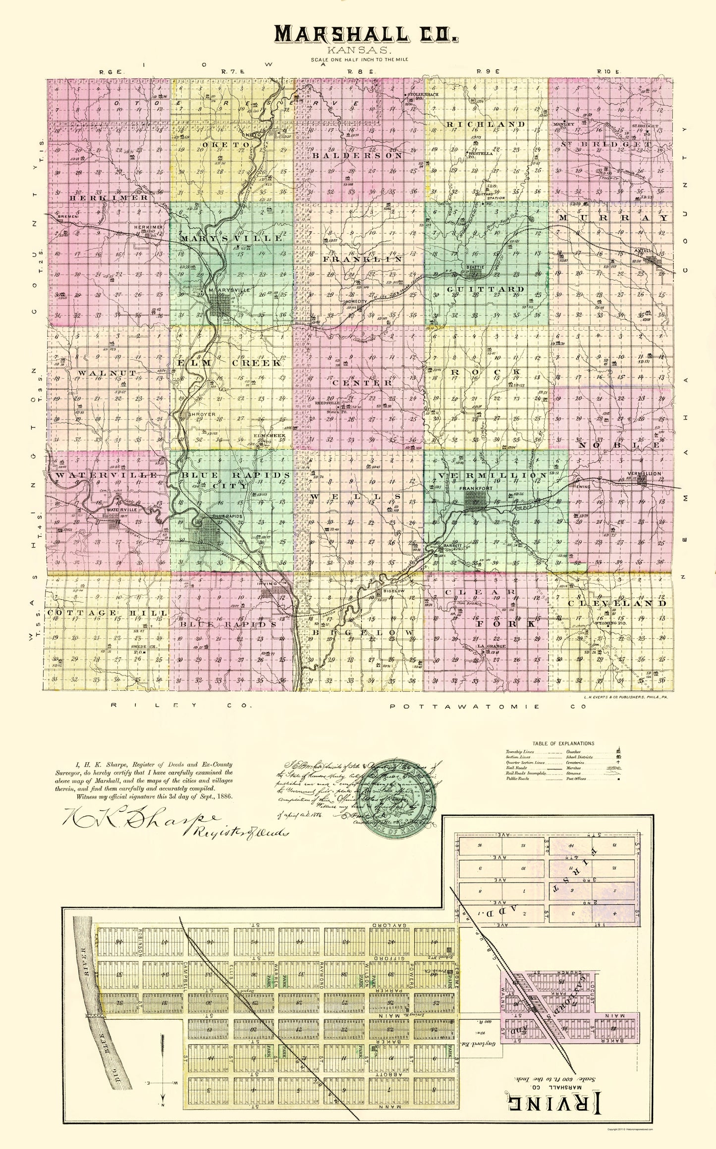 Historic County Map - Marshall County Kansas - Everts 1887 - 23 x 36.92 - Vintage Wall Art