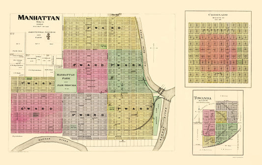 Historic City Map - Manhattan Coronado Towanda Kansas - Everts 1887 - 23 x 36.50 - Vintage Wall Art