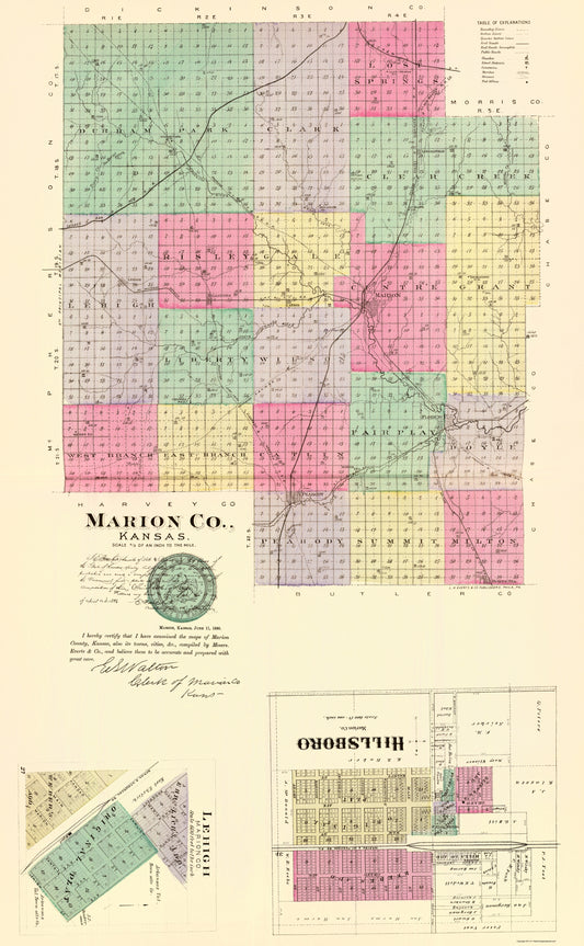 Historic County Map - Marion County Kansas - Everts 1887 - 23 x 37.25 - Vintage Wall Art