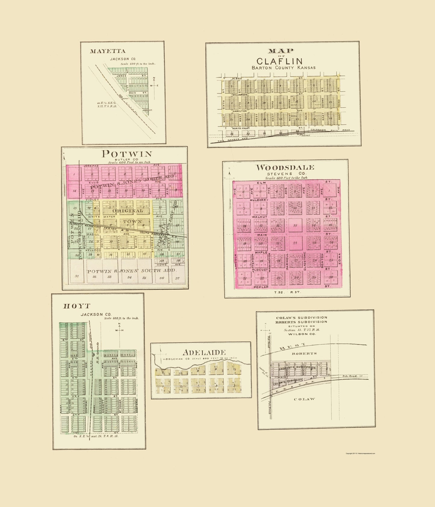 Historic City Map - Mayetta Claflin Potwin Woodsdale Hoyt Kansas - Everts 1887 - 23 x 26 - Vintage Wall Art