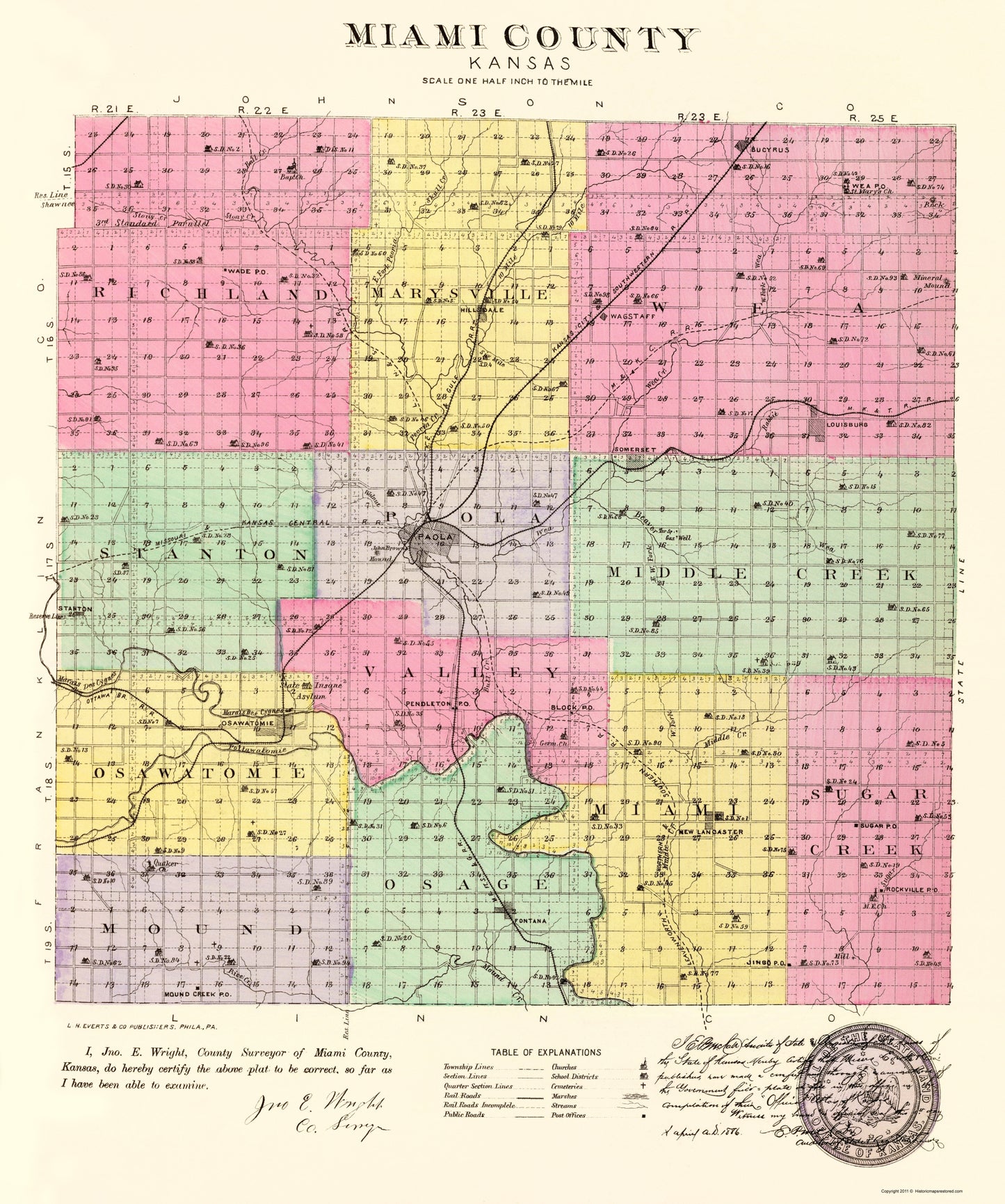 Historic County Map - Miami County Kansas - Everts 1887 - 23 x 27.56 - Vintage Wall Art