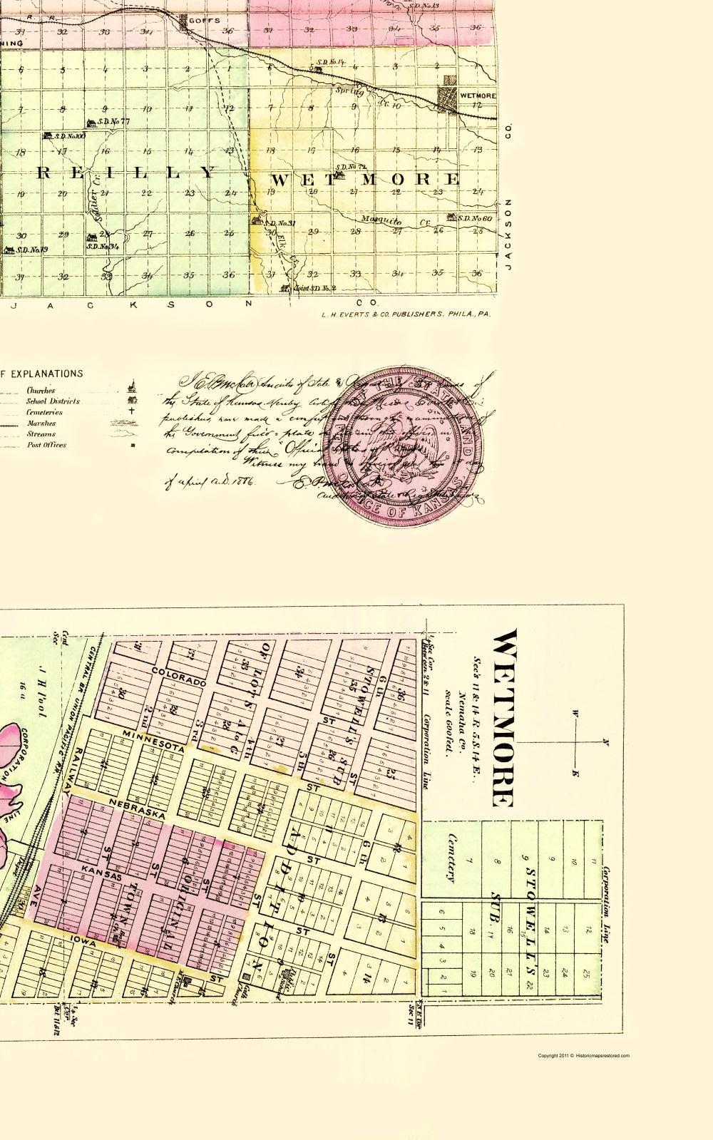 Historic County Map - Nemeha County Kansas - Everts 1887 - 23 x 36.77 - Vintage Wall Art