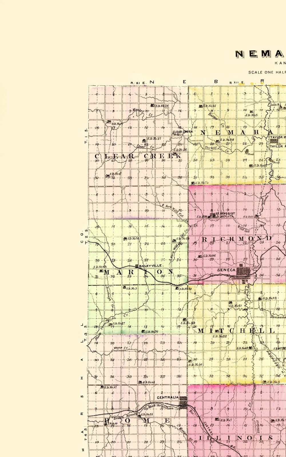 Historic County Map - Nemeha County Kansas - Everts 1887 - 23 x 36.77 - Vintage Wall Art