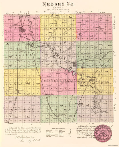 Historic County Map - Neosho County Kansas - Everts 1887 - 23 x 28.47 - Vintage Wall Art