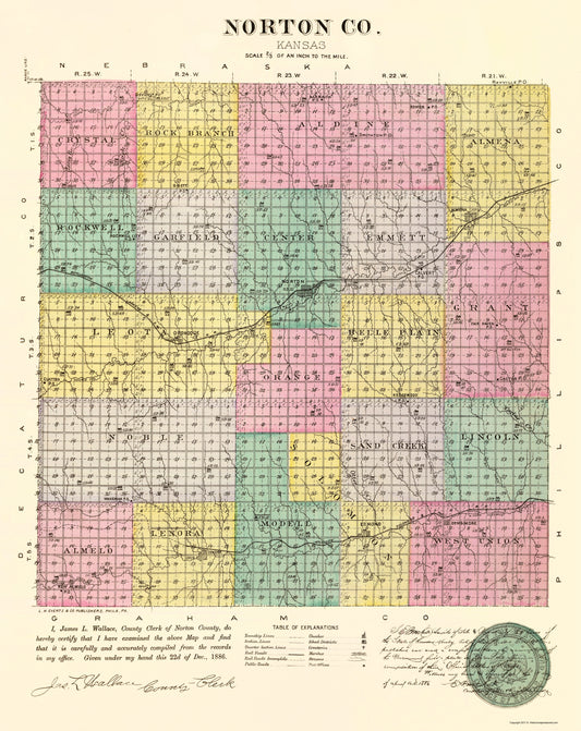 Historic County Map - Norton County Kansas - Everts 1887 - 23 x 28.94 - Vintage Wall Art