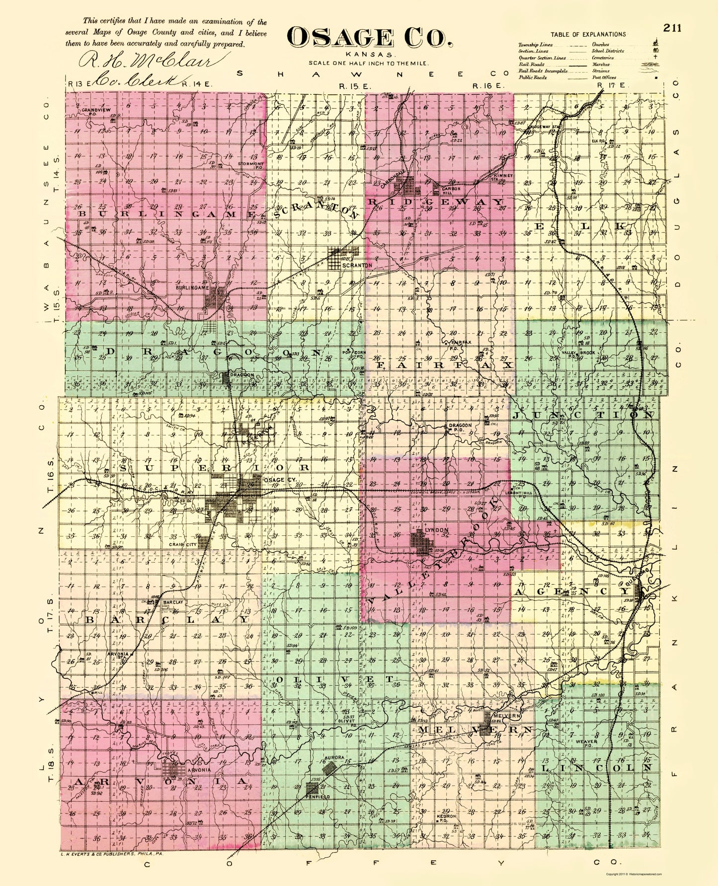 Historic County Map - Osage County Kansas - Everts 1887 - 23 x 28.39 - Vintage Wall Art