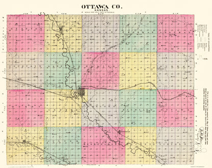 Historic County Map - Ottawa County Kansas - Everts 1887 - 23 x 28.99 - Vintage Wall Art