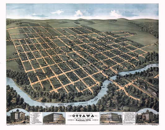 Historic Panoramic View - Ottawa Kansas - Glover 1872 - 29.07 x 23 - Vintage Wall Art