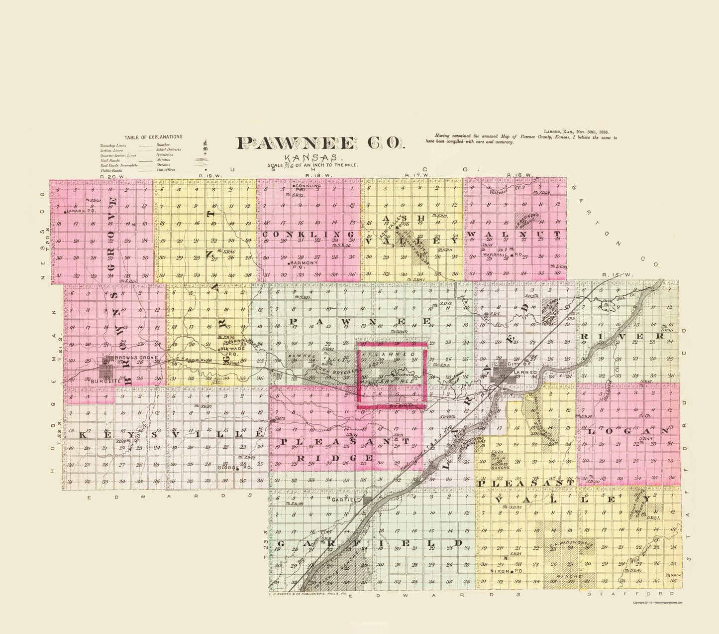 Historic County Map - Pawnee County Kansas - Everts 1887 - 23 x 26.10 - Vintage Wall Art