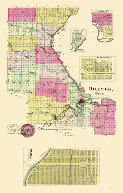 Historic County Map - Riley County Kansas - Everts 1887 - 23 x 36.15 - Vintage Wall Art