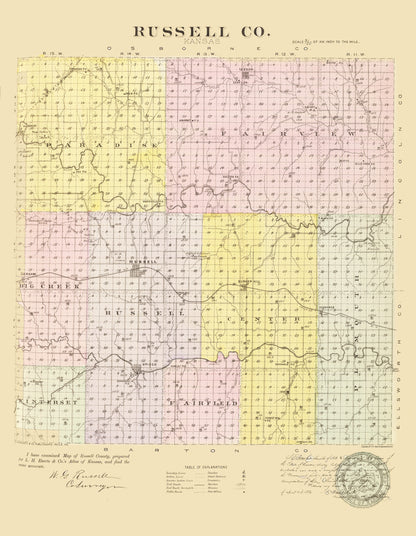 Historic County Map - Russell County Kansas - Everts 1887 - 23 x 29.62 - Vintage Wall Art