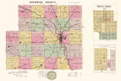 Historic County Map - Sedgwick County Kansas - Everts 1887 - 23 x 34.23 - Vintage Wall Art