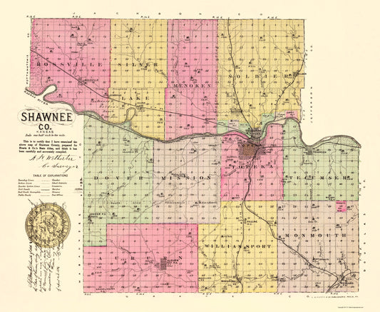 Historic County Map - Shawnee County Kansas - Everts 1887 - 23 x 28.09 - Vintage Wall Art